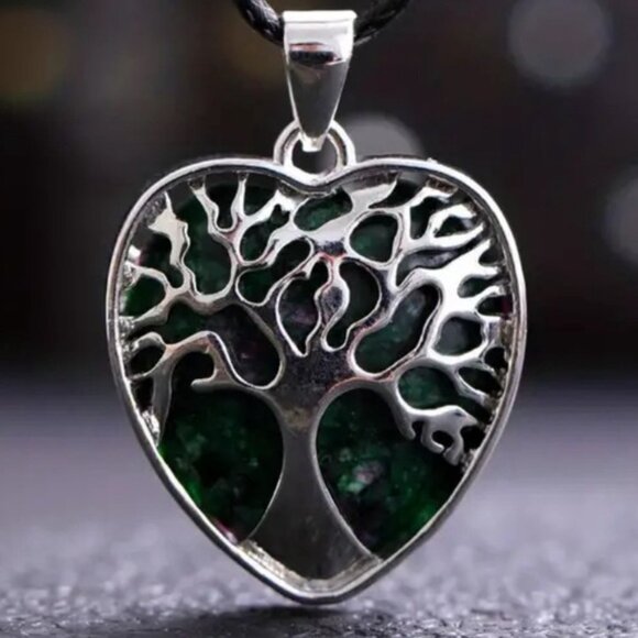 Jewelry - 130 ❤️ Epidote Natural Stone Crystal Heart Tree of Life Pendant Necklace